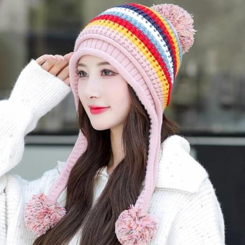HT3760 New Knitted Hat Thick Warm Two Layers Earflap Hat Fleece Lined Colorful Big Ball Skullies Beanies Women Winter Beanie Hat