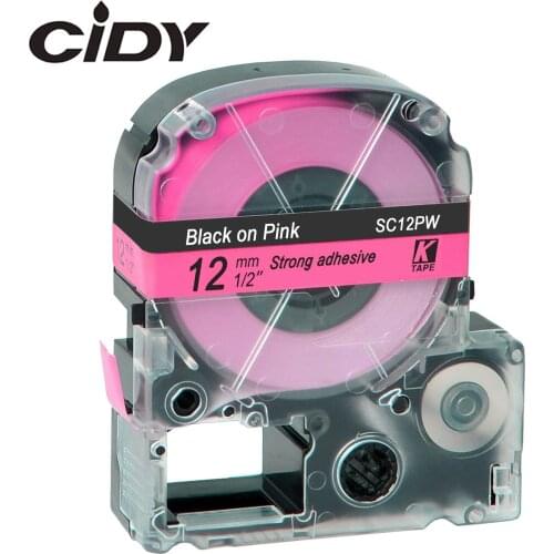 CIDY Compatible SC12PW 12MM black on pink Epson label tape SS12KW labelworks for kingjim label maker LW300 LW400 LW-600P