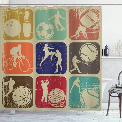 Sports Shower Curtain Assorted Sports Banners Vintage Grunge Effect Tennis Soccer Bowling Sports Pub Theme Bathroom Decor Set