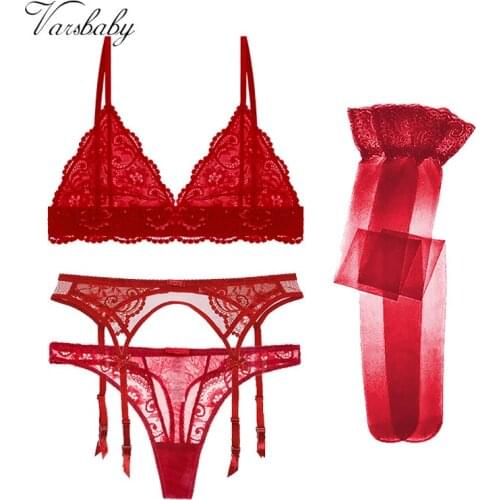 Varsbaby comfortable French Triangle Cup Lingerie Set Breathable Ultra Thin Lace bra + thong + garter belt +stockings 4pces/lot