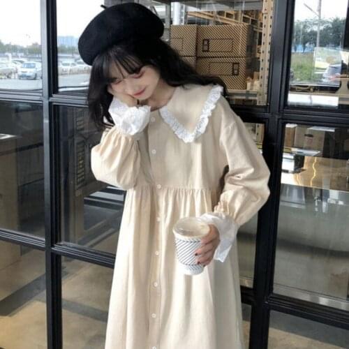 Spring Doll Collar Stitching Long-sleeved Dress for Female Students Korean Style Loose Versatile College Style Long A-line Dress