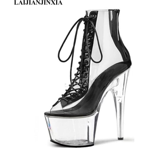 LAIJIANJINXIA New 17cm Super High Heels Stiletto Waterproof Platform Transparent Crystal Womens Ankle Boots Dance Shoes