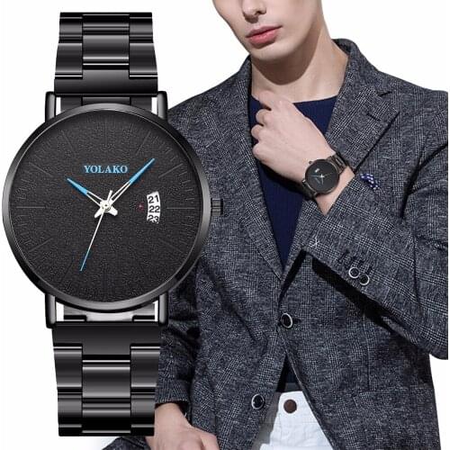 YOLAKO To Brand Fashion Mens Watch High-grade Simple Steel Belt Business Watches Black Steel Belt Calendar Quartz Wristwatch