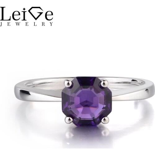 Leige Jewelry Real Amethyst Purple Color Octagon Cut Engagement Solitaire Rings For Woman 925 Sterling Silver