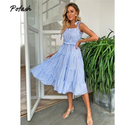 Pofash Blue Tie Bow Bohemian Dress Women Ruched High Waist Backless Spaghetti Strap Midi Dresses Summer Ruffle Beach Vestidos
