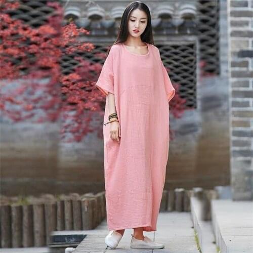 Womens Oversized Cotton Linen Maxi Dress With Pockets Casual Loose Vintage O-Neck Solid Dress Half Batwing Sleeve Long Dresses