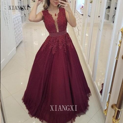 2020Burgundy Evening Dresses 2020 Embroidery Pearl Beading Belt Floor Length Evening Dress Long Formal Gowns vestidos