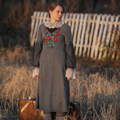 Fall Winter Dress Women Vintage Elegant Slim Lantern Sleeve Embroidery Beadings Lace Long Dress Casual Thick Warm Knitted Dress