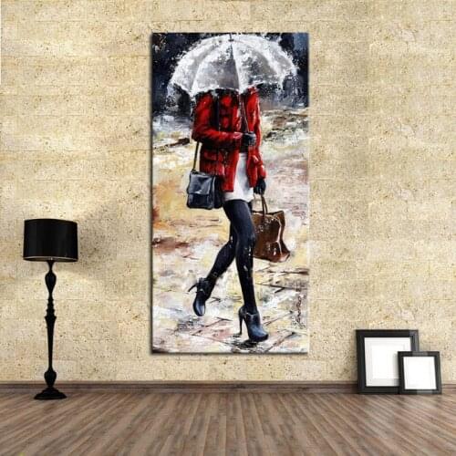 100% Handpainted beautiful lady Oil Paintings sexy girl Walk In The Rain Oil Paintings Wall Art on Canvas for Home Decoration