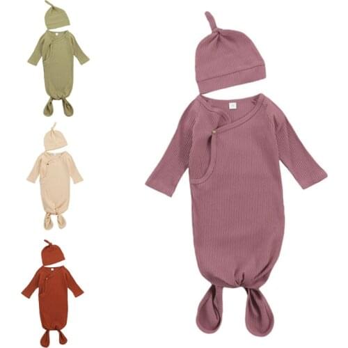 2 Pcs Baby Sleeping Bag+Hat Set Solid Knitted Swaddle Wrap Blanket Sleepsack+Tail Knotted Beanie Kit for Newborn