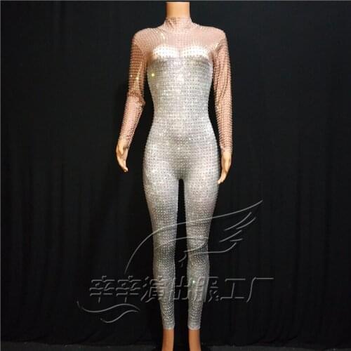 2020 Women New Shiny Rhinestones Jumpsuit Sexy Performance Bodysuit Rompers Stage Wear Birthday Celebrate Stretch Outfit