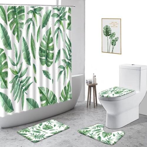3D Green Tropical Plant Shower Curtain Leaf Printing Bathroom Decoration Set Non-Slip Carpet Toilet Cover Bath Mat Bath Curtains