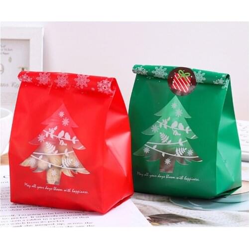 50Pcs Christmas Plastic Candy Treat Bag Snowflake Xmas Tree Baking Cookies Biscuit Gifts Packaging Container Decoration
