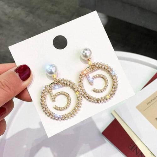 Number 5 Style Big Statement Drop Dangle Crystal Earrings For Woemen Digital Baroque Pearl Letter cc Earrings