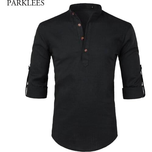 Black Cotton Linen Shirt Men 2018 Autumn New Rolled Up Sleeve Mens Casual Dress Shirts Slim Fit Henley Shirt Male Chemise Homme