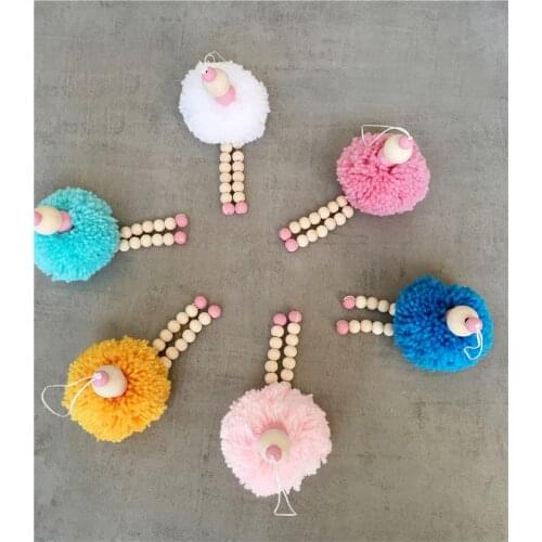 Nordic Style Hairball Wooden Bead String Pendant Wall Hanging Ornament Childrens Room Game Tent Bed Kids Photo Props Home Decor