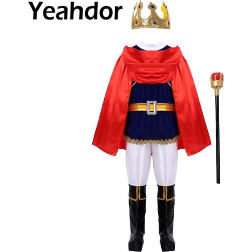 7PCS Halloween Kids Boys Medieval Prince Cosplay Costume Outfit Long Sleeves Tops with Pants Cape Child King Dress Up Costume