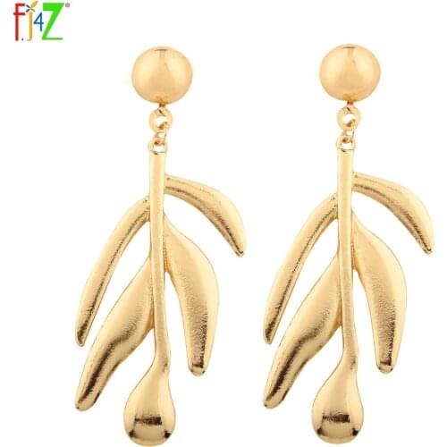F.J4Z New Hot Fashion Catwalk Dangle Earrings Excellent Quality Beautiful Polishing Long Leaves Golden Alloy Earrings For Party