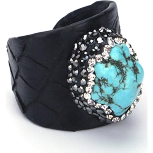 Daily Jewelry Blue Howlite Turquoises Bead Pave Rhinestone Charms Black Real Snake Leather Adjustable Open Ring Cuff Women Man