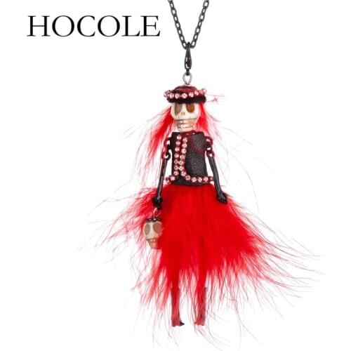 HOCOLE New Party Halloween Skull Head Necklace Black Red Feather Dress design Doll Pendant Long Chain Necklace Fashion Jewelry