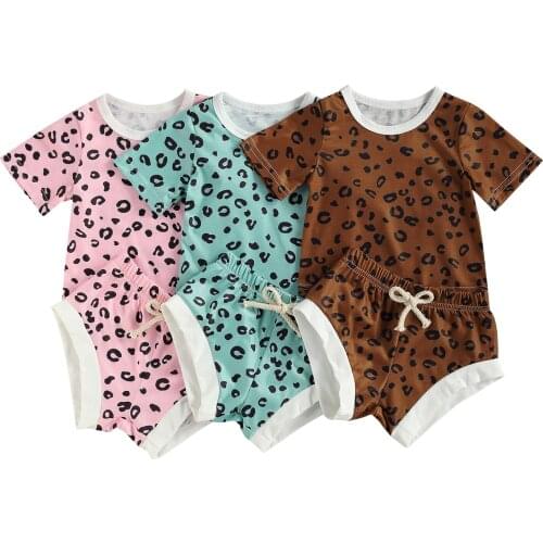 Toddler Baby Leopard Printing Two-pieces Set, Infant Girls Round Collar Short Sleeve Tops + Elastic Short Pants Set
