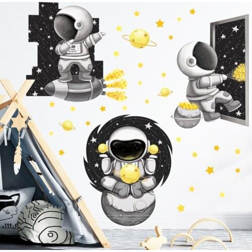 Cartoon Wall Stickers Astronaut Spacecraft Black and White Space Planet Sticker Kids Room Decoration Nursery Mural Home Decor