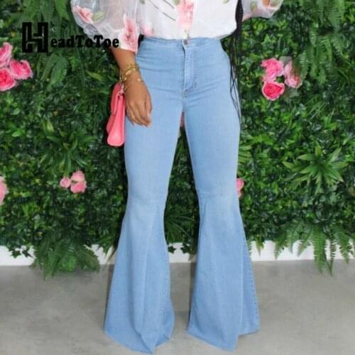 Solid High Waist Wide Leg Denim Flare Pants Women Street Style Skinny Casual Jeans