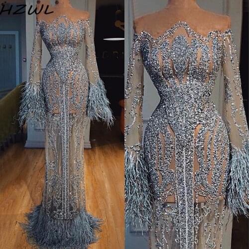 See Through Feathers Sequined Prom Dresses Dubai Illusion Long Sleeve Luxury Mermaid Evening Gowns Special Occasion Dress