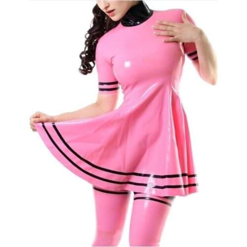 Handmade Pink Latex Rubber Dress High Quality Latex Skrits Back Zip Short Sleeves Without Stockings