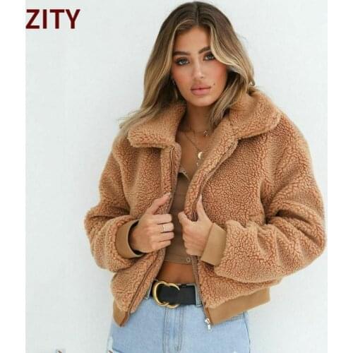 ZITY Fashion Faux Fur Coat Women 2020 Autumn Winter Warm Soft Plush Zipper Fur Jacket Female Plush Overcoat Pocket Teddy Outwear