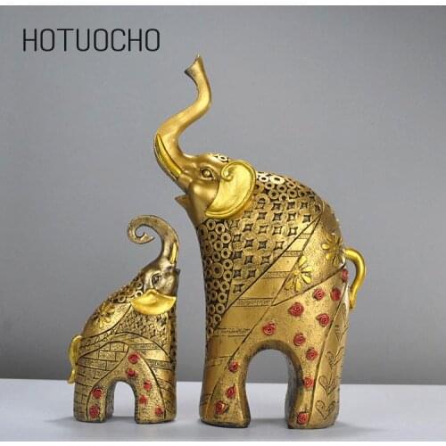 Hotuocho 2 Pcs European Style Golden Elephant Resin Arts And Crafts Wholesale Furnishings High-end Home Decor Feng Shui Statues