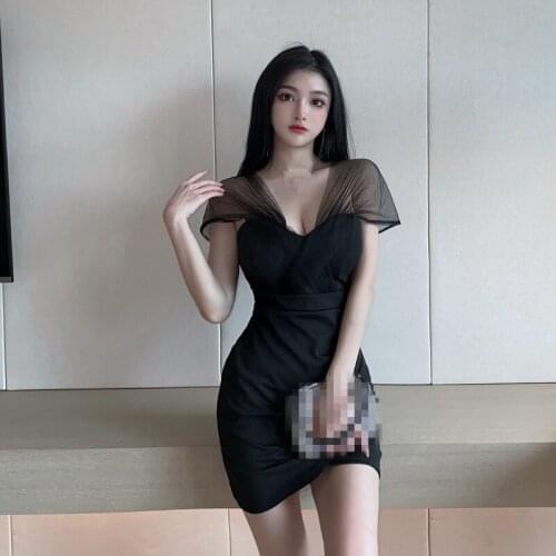 ZC3343 2021 summer new women fashion sexy temperament mesh gauze splicing one word shoulder slim irregular dress cheap wholesale