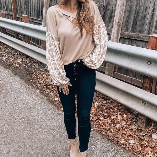 Women V-neck Cross Leopard Printed T-shirt Casual Long-sleeved Tops Loose Blouse