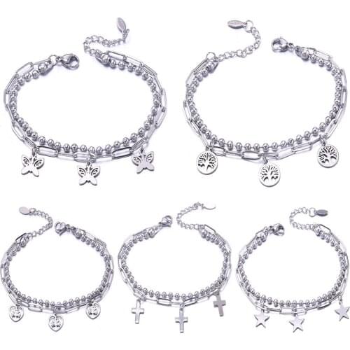 Stainless Steel Tree Cross Butterfly Love Heart Bracelets For Women Party Gift Fashion Chain Charm Bracelets Jewelry Wholesale