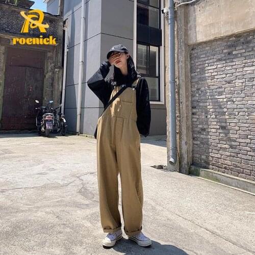 ROENICK Women High Waist Pockets Jumpsuits Solid Loose Wide-leg Washed Rompers Female Classic Soft Ulzzang Casual Overalls