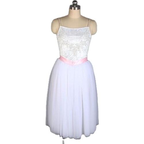 All For Dance Girls/Women White Ballet Dance Wear Stage Performance Dance Long Dress With Ribbon In Waist Dance Wear