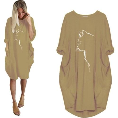 2021 Summer Casual Dress Ladies Casual Oversized Cat Print Pullover Large Loose Pocket Dress Casual Loose Comfortable Dress New