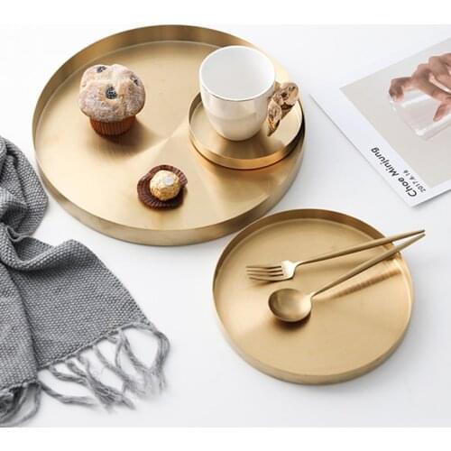 Golden Stainless Steel Storage Tray Luxury Metal Round Plate Kitchen Fruit Food Snack Organizer Tea Cup Cosmetic Tray Home Decor