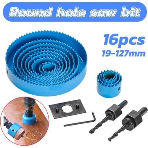 16pcs/Set Carbon Steel Holesaw Set Circle Wood Round Cutter Hole Saw Drill Bits 19-127mm Tool Kit Hole Saw Set Metal Hole Set