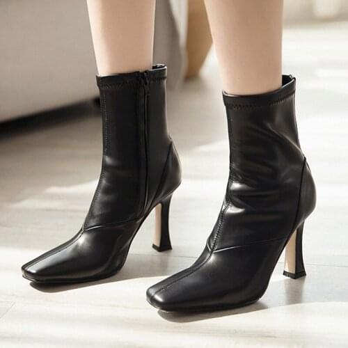 2021 Fashion Women Genuine Leather Boots Square Toe Ankle Thin High Heel Boots Solid Female Short Shoes