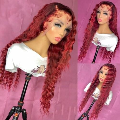 26Inch Burgundy Long Loose Wave Synthetic Lace Front Wig Glueless 13x4 Synthetic Lace Wigs For Women Daily Wear Wig 180%Density