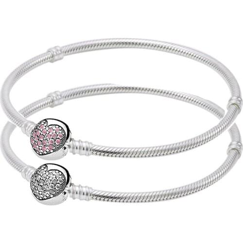 Original Crystal Love Heart Clasp Snake Chain Bracelets Bangle Fit 925 Sterling Silver Bead Charm Bracelet DIY Jewelry