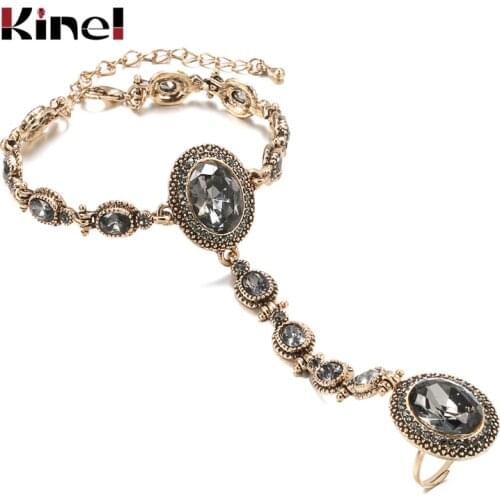 Kinel Luxury Boho Charm Bracelet Link Ring For Women 585 Alloy Gold Color Crystal Flower Link Bracelets Vintage Wedding Jewelry