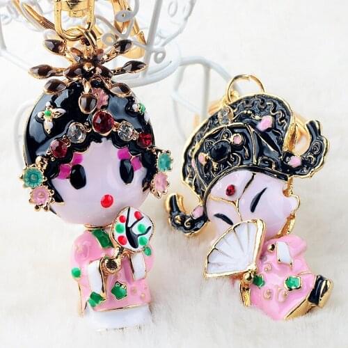 Chinese Culture Elements Peking Opera Enamel Keychains Crystal Lifelike Characters Key Chain Car Bag Charm Key Ring Travel Craft