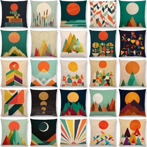 Sun Moon Cushion Cover Colorful Mountain Gold Peaks Rivers Geometric Abstract Pattern Colorful Retro Linen Pillow Case Decor