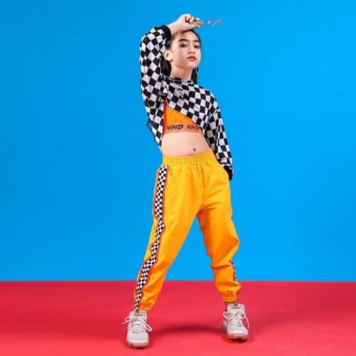 Children Jazz Dance Costumes New Korean Edition Long Sleeve Plaid Crop Tops Trousers Three Pieces Suit Hip Hop Clothes for Girls