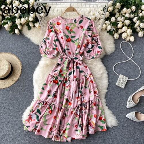 Women French Floral Dress Sweet Puff Sleeve O Neck A-line Dresses Summer Bohemian Print Casual Vacation Split Dress