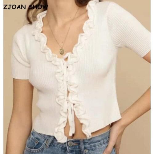 France Vintage Lacing up Ruffles Wood ears Short sleeve Cardigan Women Knitted Tight Jumper Front Slit Slim Cropped Cardigan