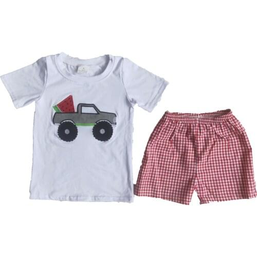 Toddle Children Boys Clothes Truck Watermelon Pattern T-Shirt Top Print Short Pink Plaid Pants Toddler Kids Wear Outfits