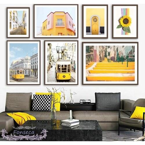 Yellow Tramcar Sunflower Street House Door Canvas Painting Nordic Posters and Prints Wall Art Pictures for Living Room Decor